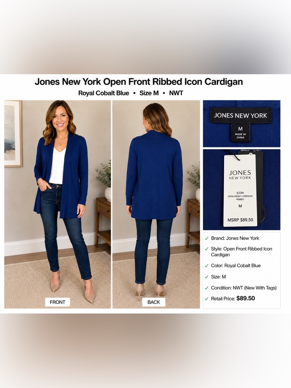 Jones New York Open Front Ribbed Icon Cardigan Royal Cobalt Blue Size M NWT